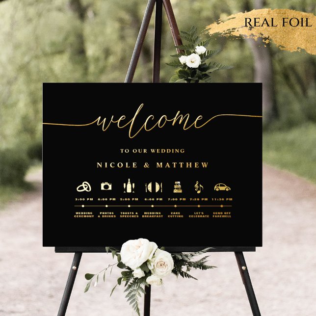 Black and Real Gold Foil Wedding Timeline Sign  (Creator Uploaded)
