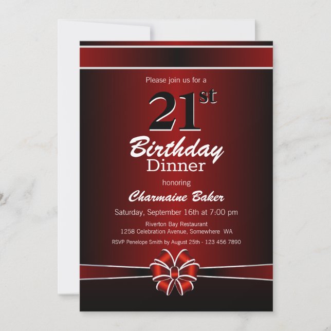 Black and Red 21st Birthday Dinner Party Invitation (Front)