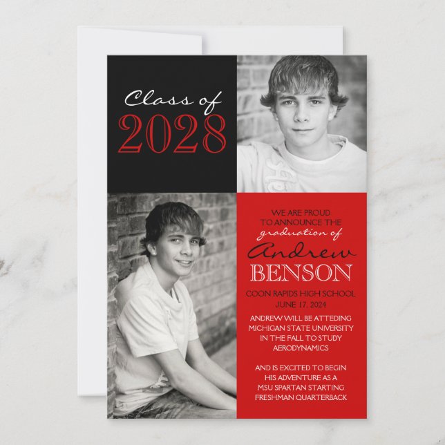 Black and Red 2 Photo Graduation Announcement (Front)
