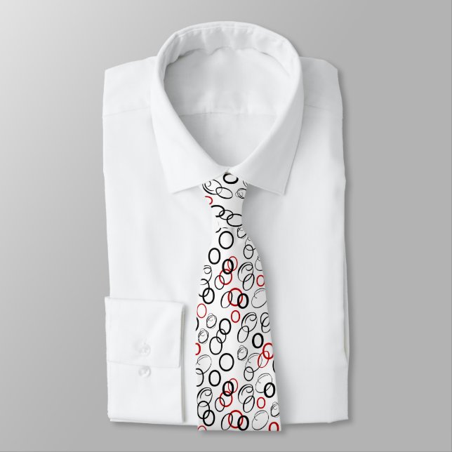 Black and Red Abstract Circle Pattern Neck Tie (Tied)