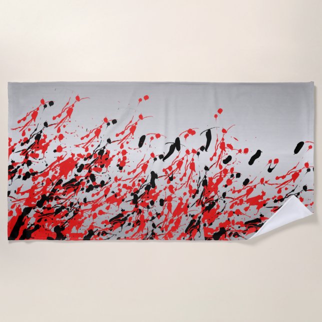 Black and Red Abstract Splash and Drip Beach Towel (Front)