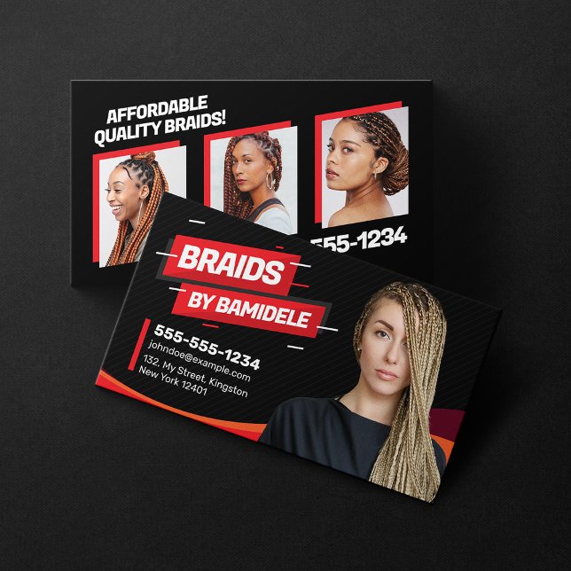 Black and Red African Hair Braiding Salon Photo Business Card (Creator Uploaded)