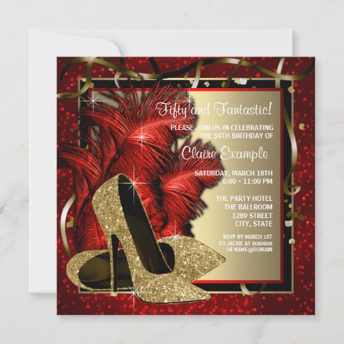 Black and Red and Gold High Heels Birthday Party Invitation