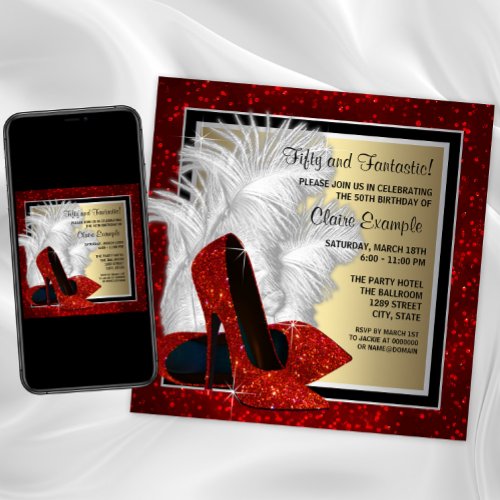 Black and Red and Gold High Heels Birthday Party Invitation