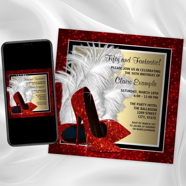 Black and Red and Gold High Heels Birthday Party Invitation (Womans red high heel shoe birthday and any event invite. Download and printed invitations available.)