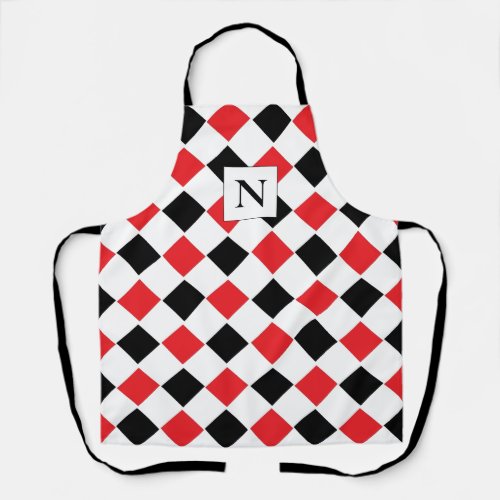 Black and Red Argyle Pattern Monogram Apron