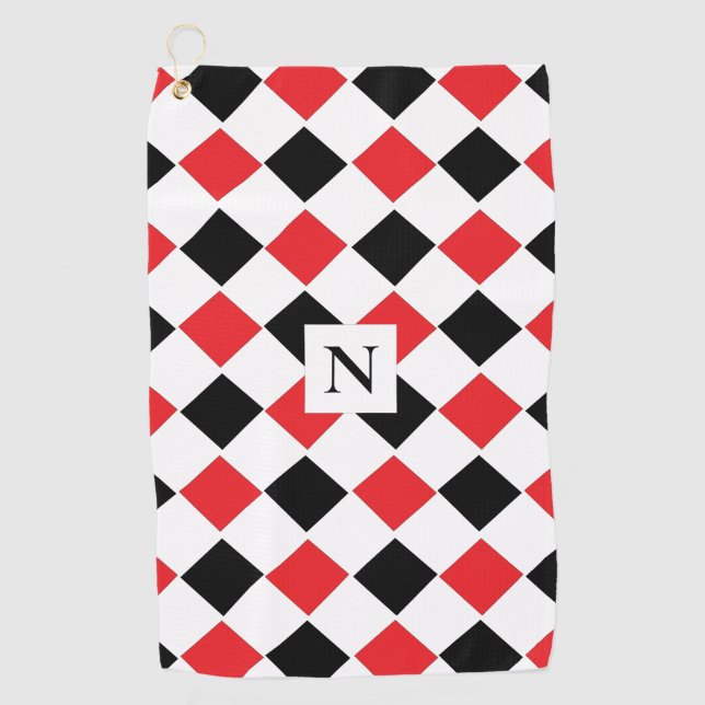 Black and Red Argyle Pattern Monogram Golf Towel (Front)