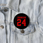 Black and Red Athlete Name Jersey Number Button<br><div class="desc">Cheer on your favorite sports team, football player or just show off your school pride with a custom personalized spirit button! Add your school name or personalize with a player's name and jersey number. Perfect for football, basketball, baseball and soccer games! Create custom pins for the whole team, cheerleaders, parents...</div>