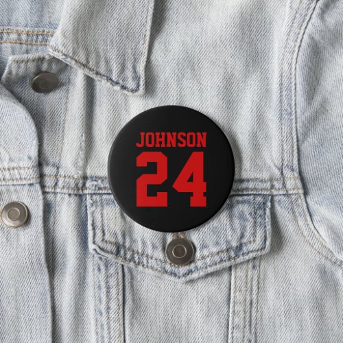 Black and Red Athlete Name Jersey Number Button
