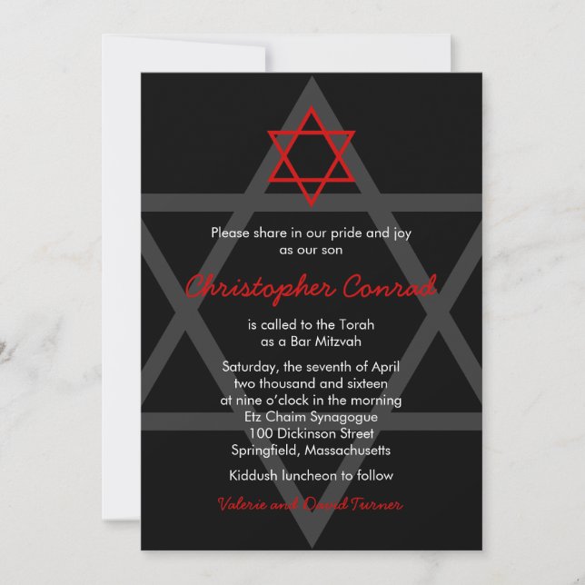 Black and Red Bar Mitzvah Invitation (Front)