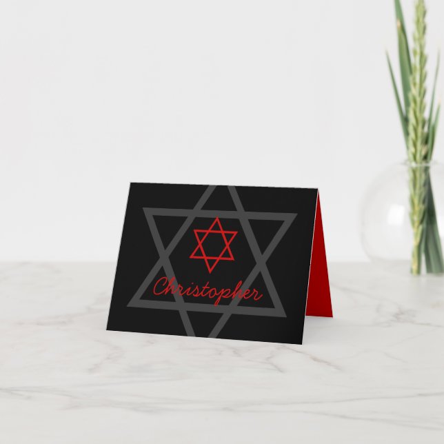 Black and Red Bar Mitzvah Thank You Note Card (Front)