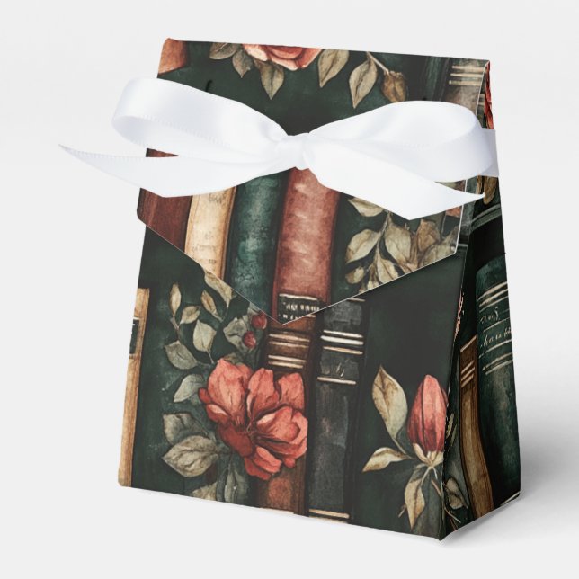 Black and Red Books with Flowers on Bookshelf Favor Boxes (Front Side)