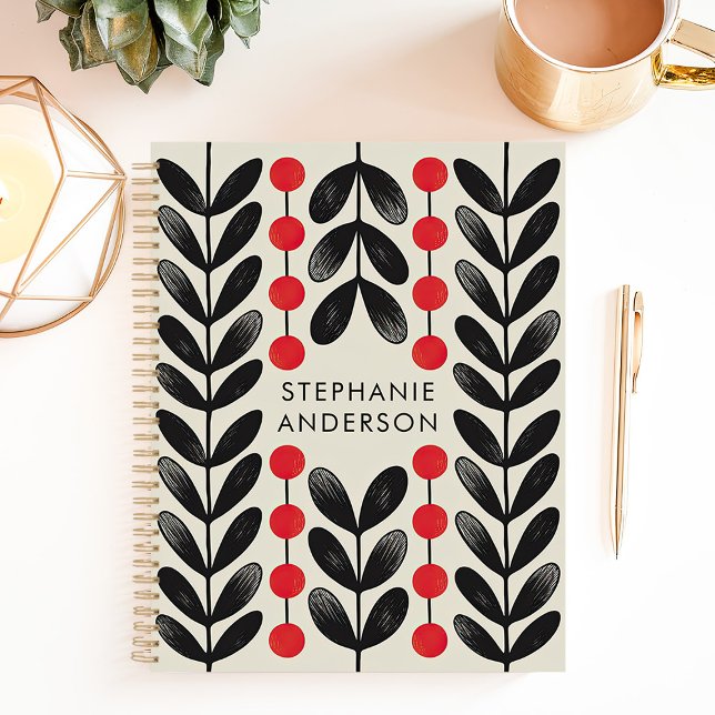 Black and Red Botanical Leaves Berries Custom Name Planner (Creator Uploaded)