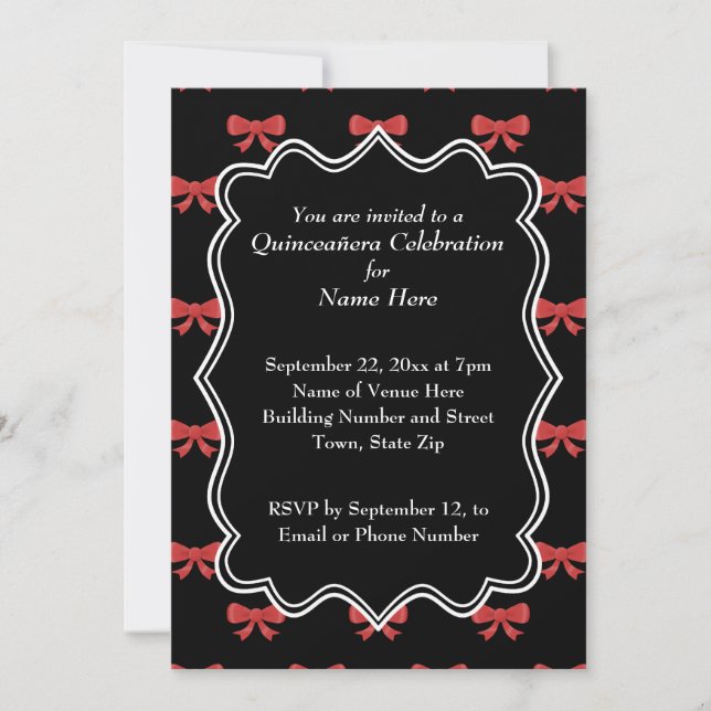 Black and Red Bows Pattern Print Quinceanera Invitation (Front)