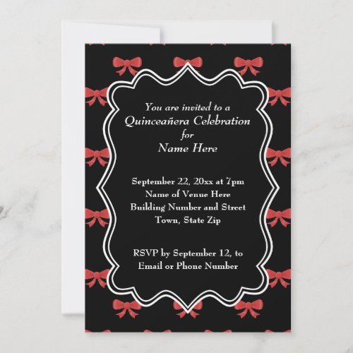 Black and Red Bows Pattern Print Quinceanera Custom Invite