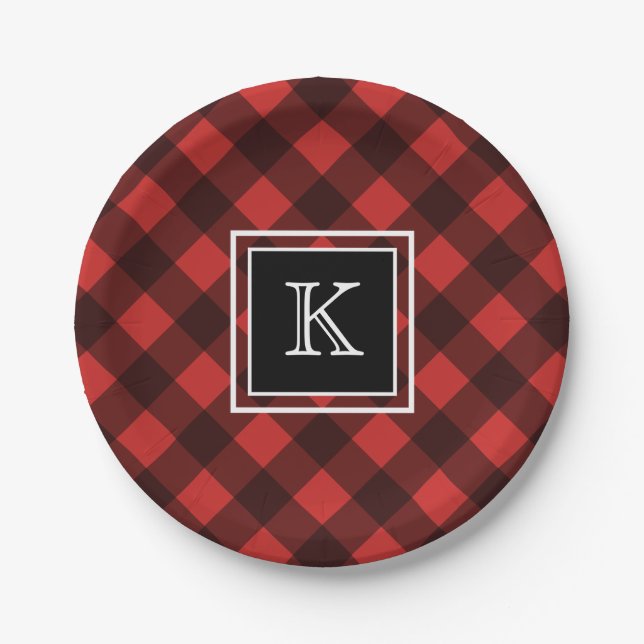 Black and Red Buffalo Check Custom Monogram Paper Plates (Front)