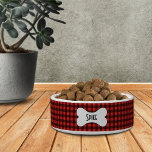 Black and Red Buffalo Check with Name in Dog Bone Bowl<br><div class="desc">Pamper your precious pet with this personalized classic black and red buffalo check patterned pet bowl! Personalize it with your dog's name in the bone.</div>