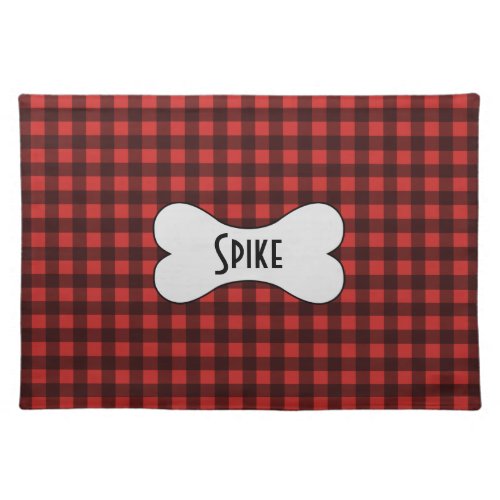 Black and Red Buffalo Check with Name in Dog Bone Cloth Placemat
