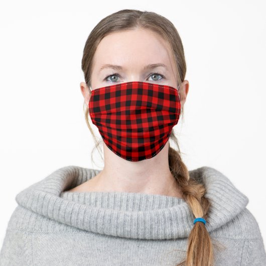 Black And Red Buffalo Lumberjack Plaid Checks Adult Cloth Face Mask (Worn)