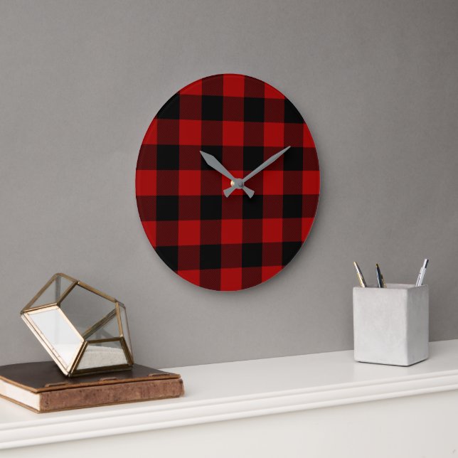 black and red buffalo plaid checked large clock (Office)