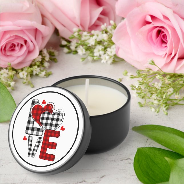 Black and Red Buffalo Plaid LOVE Text Mini Candle Favors (Insitu (Wedding))