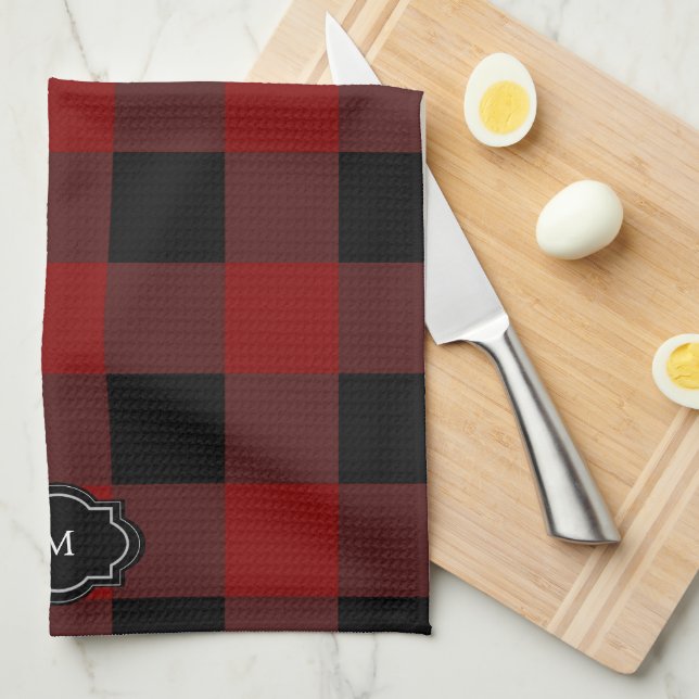 Black and red buffalo plaid monogrammed kitchen towel (Quarter Fold)