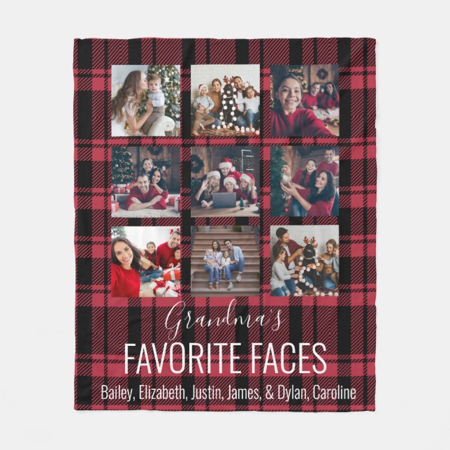 Black and Red Buffalo Plaid Personalized 9 Photo Fleece Blanket (Front)