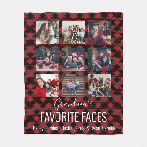 Black and Red Buffalo Plaid Personalized 9 Photo  Fleece Blanket