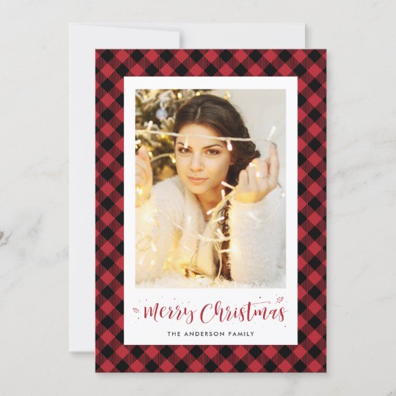 Black and Red Buffalo Plaid Photo Christmas Card