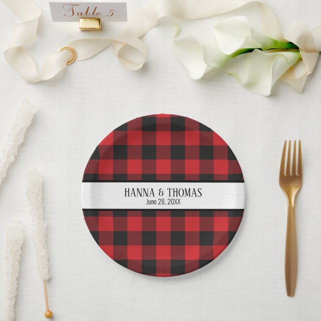 Black and Red Buffalo Plaid Rustic Wedding Paper Plates (Wedding)