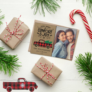 Black and Red Buffalo Plaid Truck Photo Christmas Postcard