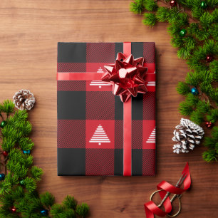 Black and Red Buffalo Plaid White Christmas Trees Wrapping Paper