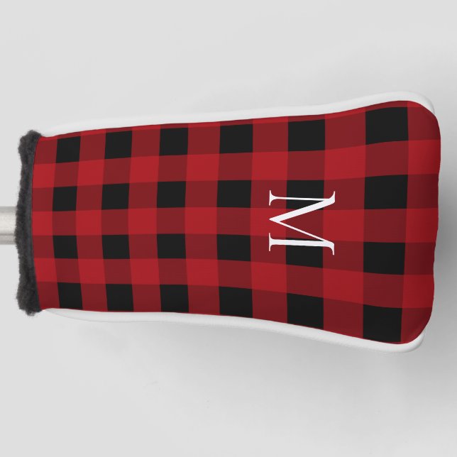 Black and Red Buffalo Plaid with Monogram Golf Head Cover (Front)