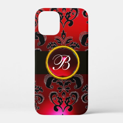 BLACK AND RED BURGUNDY DAMASK MONOGRAMRuby iPhone 12 Mini Case