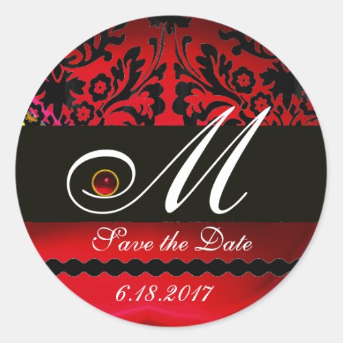 BLACK AND RED BURGUNDY  DAMASK MONOGRAM Ruby Classic Round Sticker