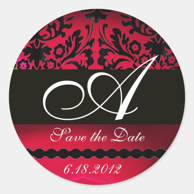 BLACK AND RED BURGUNDY  DAMASK MONOGRAM, Ruby Classic Round Sticker (Front)