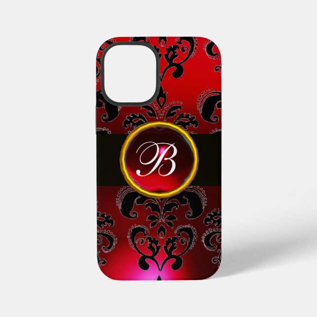 BLACK AND RED BURGUNDY DAMASK MONOGRAM,Ruby Iphone Case (Back)