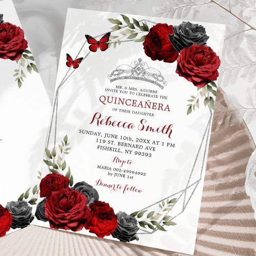 Black and Red Burgundy Roses Crown Quinceaera Invitation
