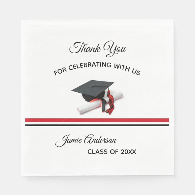 Black and Red Cap & Tassel | Graduation Party Napkins (Front)