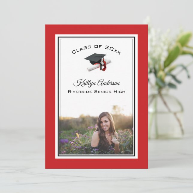 Black and Red Cap & Tassel | Photo Graduation Invitation (Standing Front)