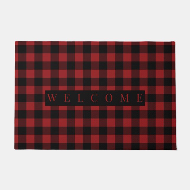 Black and Red Check Doormat Welcome (Front)