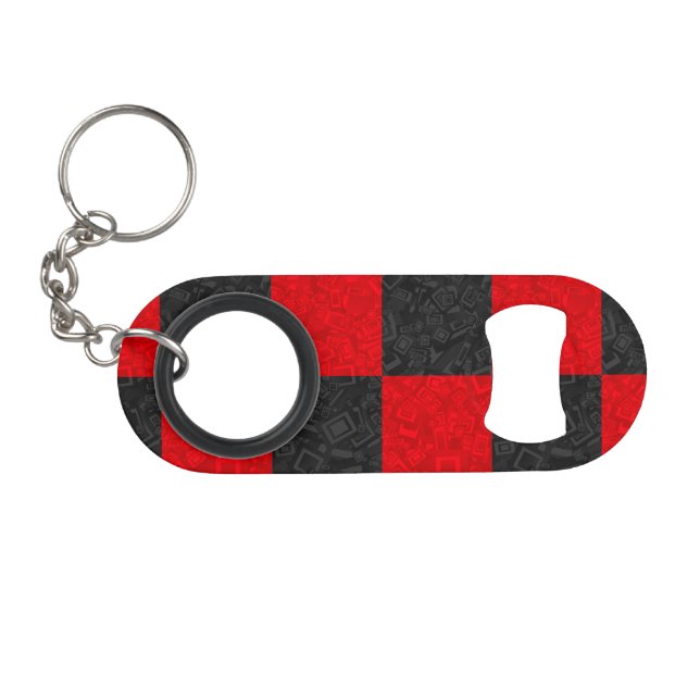 Black and Red Checkered Bottle Opener Keychain (Front (Horizontal))