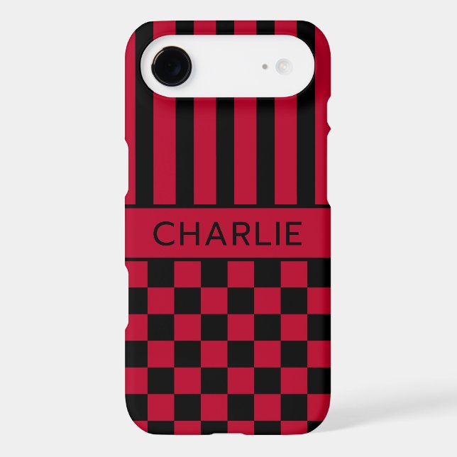 Black and Red Checkered Striped Personalized Case-Mate iPhone Case (Back)