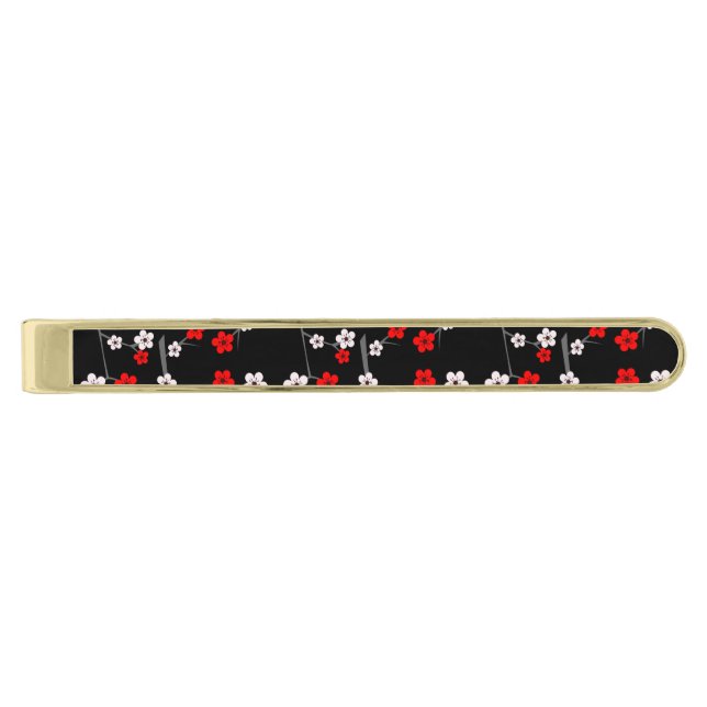 Black and Red Cherry Blossom Pattern Gold Finish Tie Clip (Front)