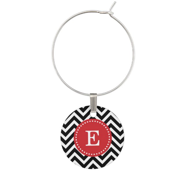 Black and Red Chevron Custom Monogram Wine Charm (Front)