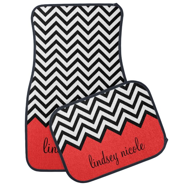 Black and Red Chevron Monogram Car Floor Mat (Set)
