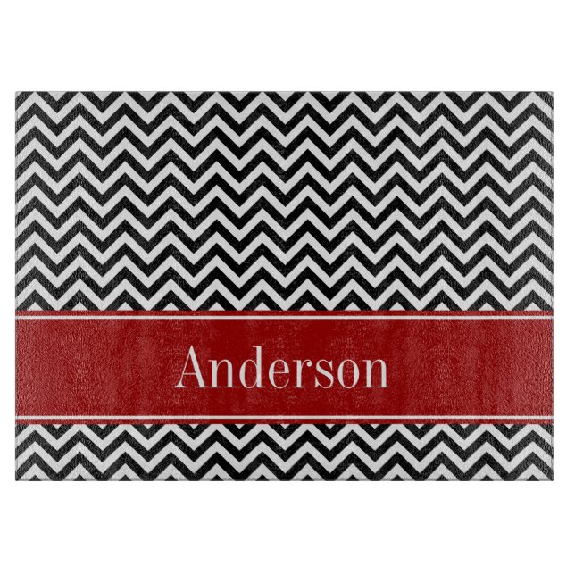 Black and Red Chevron Pattern Personalized Cutting Board (Front)