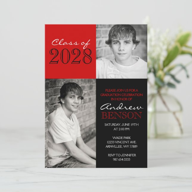 Black and Red Classic 2 Photo Graduation Invitation (Standing Front)