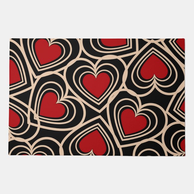 Black and Red Cute Simple Heart Pattern Doormat (Front)