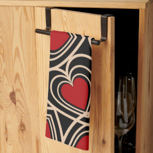 Black and Red Cute Simple Heart Pattern Kitchen Towel